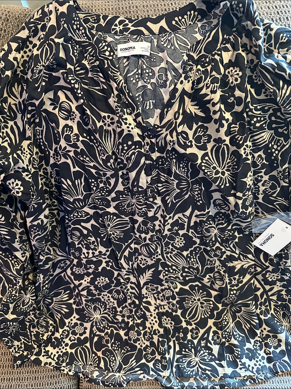 Sonoma Black Floral V-Neck Top on Cream
